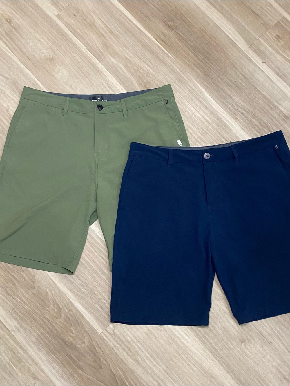 Quiksilver Men's Flat Front Shorts in Olive Green and Navy Blue Bundle of 2